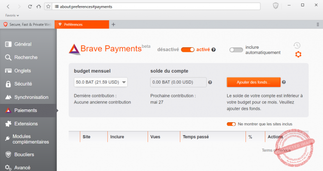 Réaliser des paiements sur Brave en Basic Attention Token