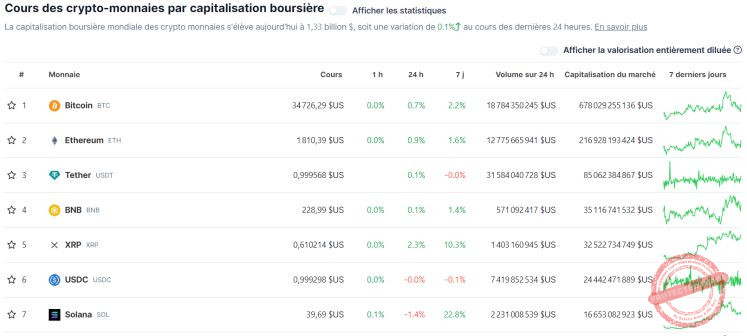 Top 7 des cryptomonnaies sur CoinGecko par capitalisation boursière