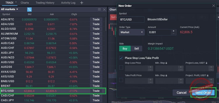 Exemple d'ordre pour BTC/USD