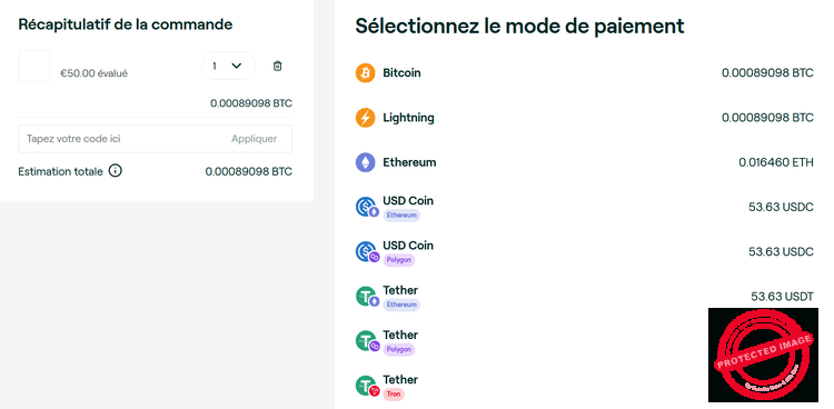 Choisissez la cryptomonnaie au moment de valider la commande