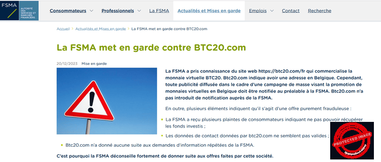 L'alerte de la FSMA au sujet du site de Bitcoin20