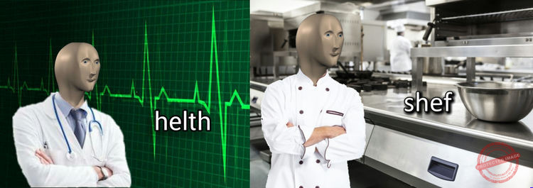 Exemples d'utilisation de Meme Man : "Helth" et "Shef" (Source : imgflip.com)
