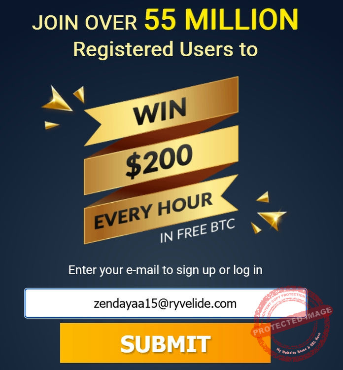 Entrez votre email et cliquez sur "SUBMIT" pour créer un compte sur Freebitcoin