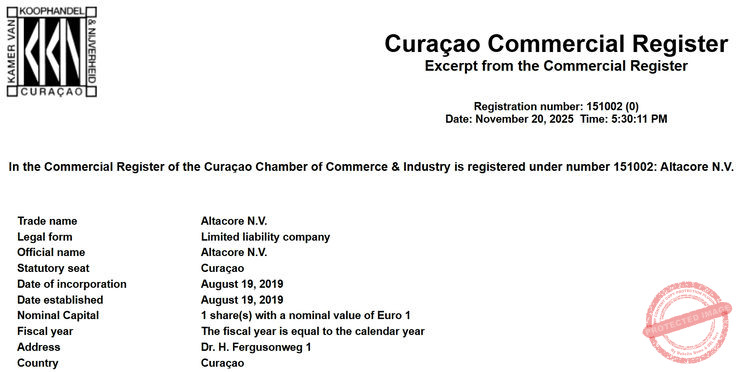 Altacore N.V. est bel et bien enregistrée à la Chambre de Commerce de Curacao