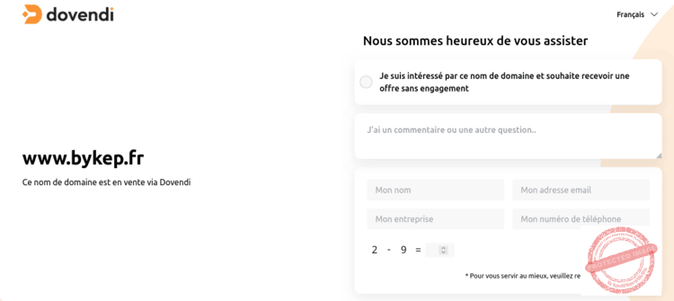 Le nom de domaine www.bykep.fr est actuellement en vente via Dovendi